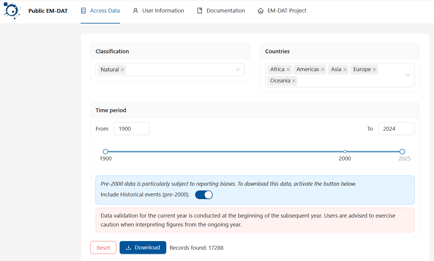 Image with settings for data download