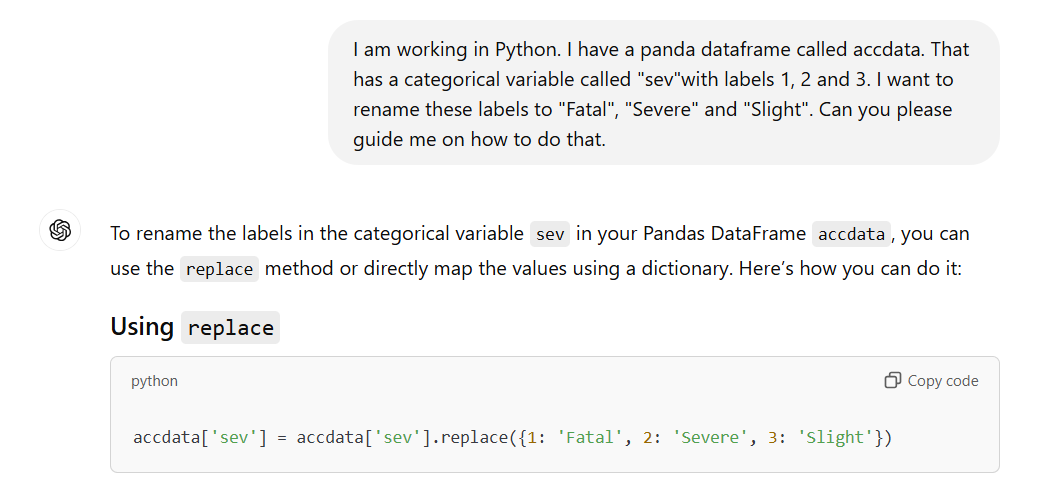 ChatGPT advice on renaming categorical variables