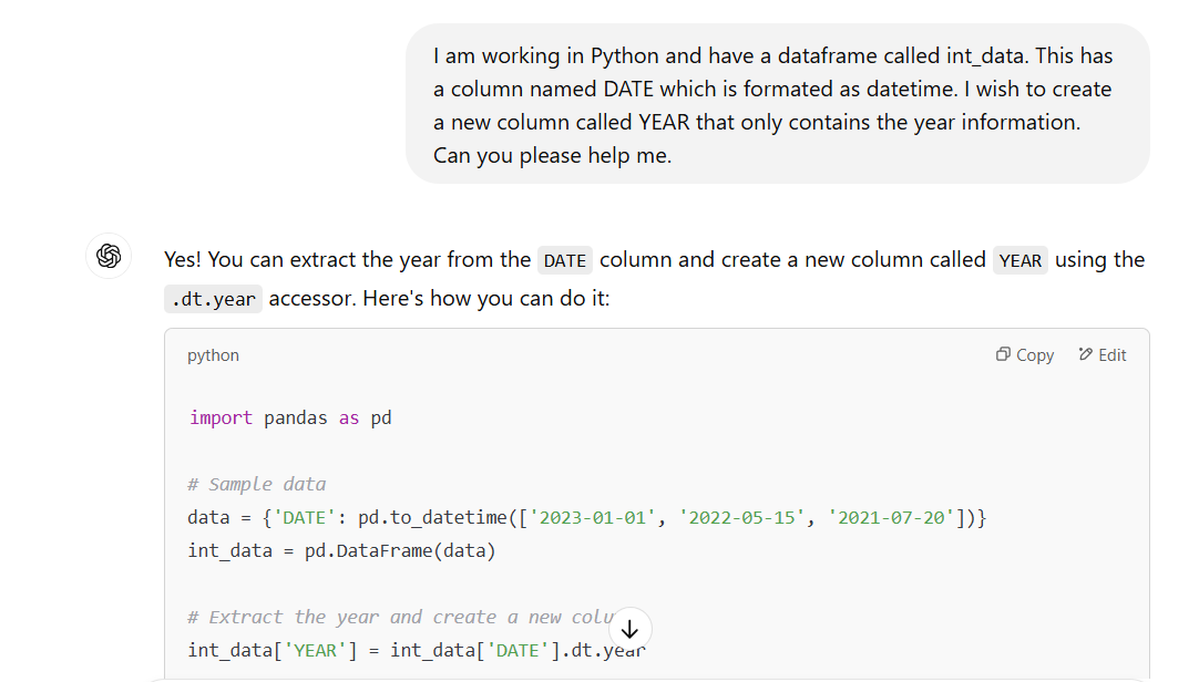 CHATGPT interaction to help with year extraction