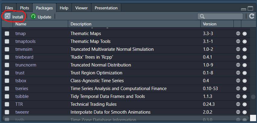 RStudio Package Tab